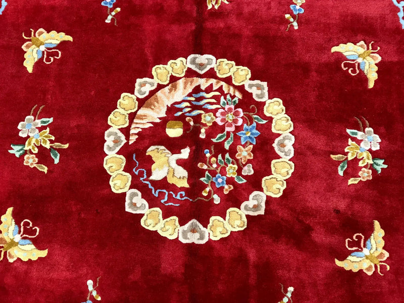 Indo Chinese Wool Rug 9x12, Red Art Deco Carpet, Vintage by Jewel Rugs