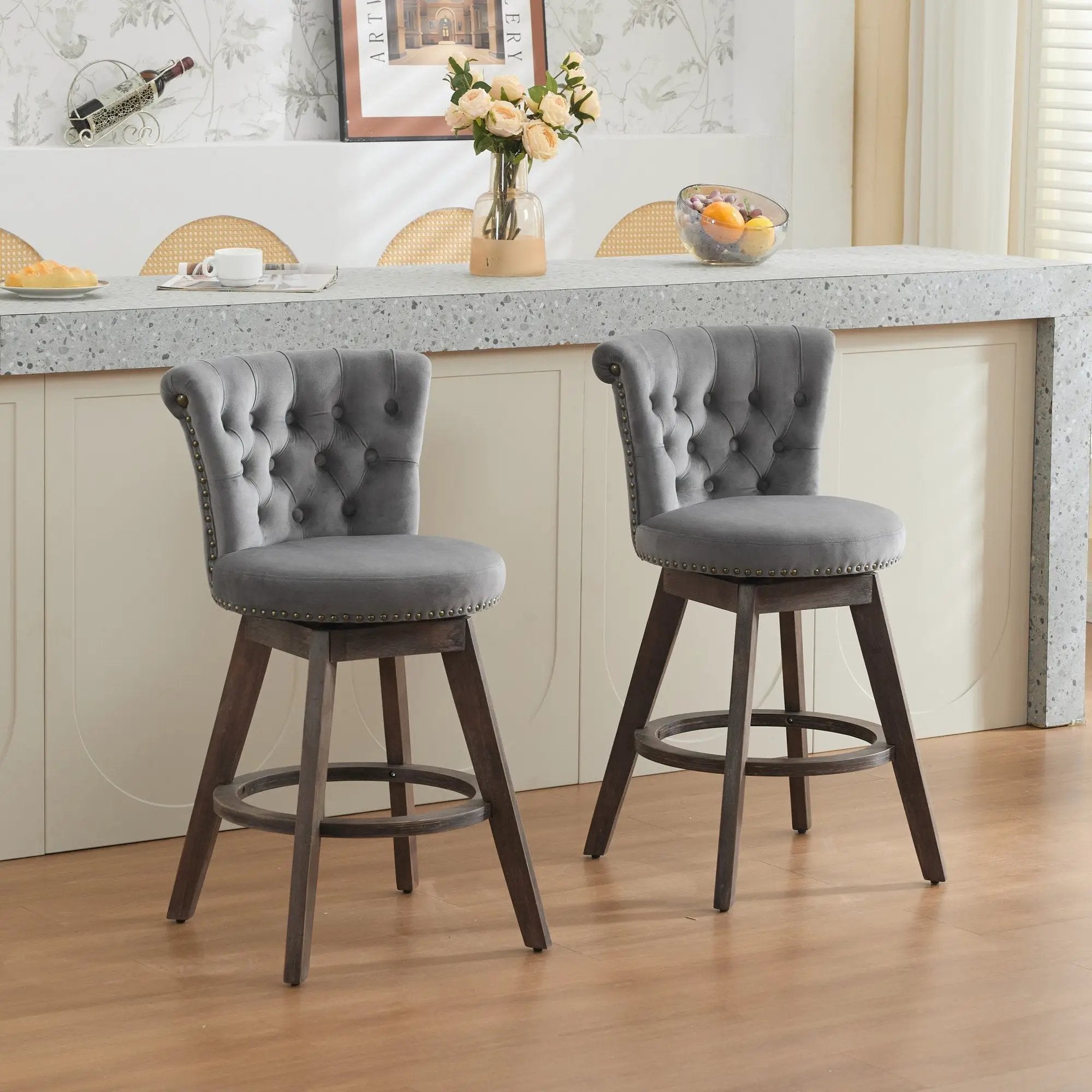 26" Counter Height Bar Stools Set of 2 with 360° Swivel and Velvet Upholstery by HouseOfZazla