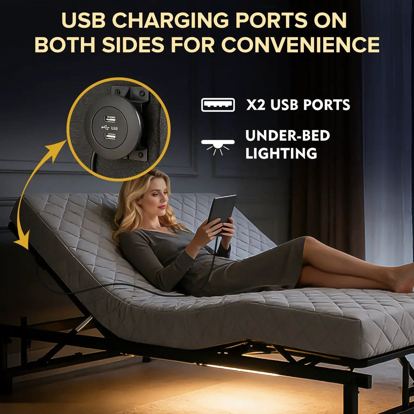 Adjustable Bed Base Frame With Wireless Remote, 4 USB Ports, Under Bed Nightlights, Zero Gravity by HouseOfZazla