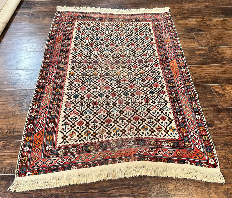 Antique Caucasian Rug 4x5, Hand Knotted Handmade Shirvan Oriental Carpet, Ivory Red Rug Allover Pattern, Rare Wool Rug, Tribal Geometric Rug by Jewel Rugs