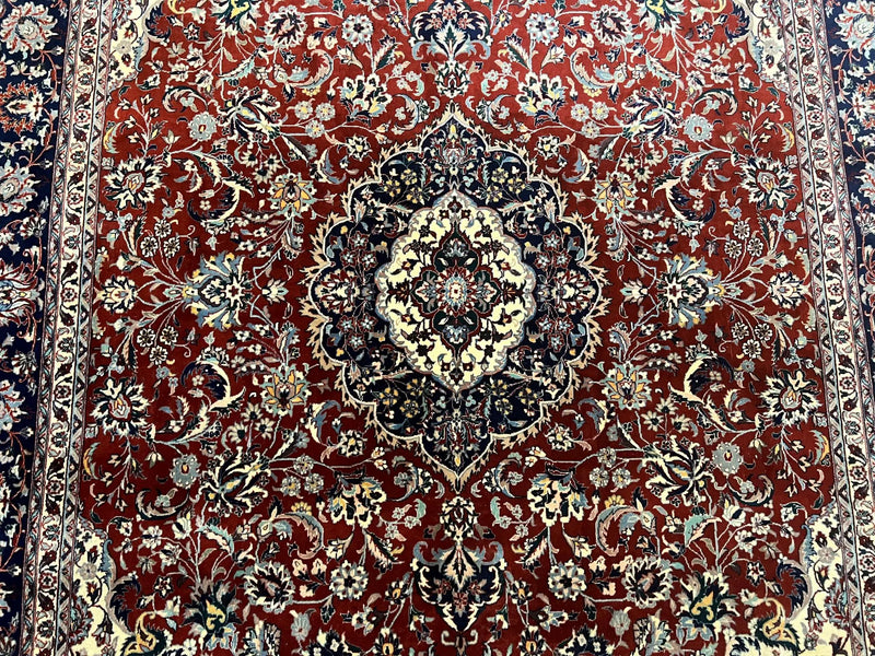 Fine Sino Persian Rug 7x10 ft, Floral Central Medallion Oriental Carpet, Red Navy Blue Cream, Hand Knotted Wool Traditional Vintage Rug by Jewel Rugs