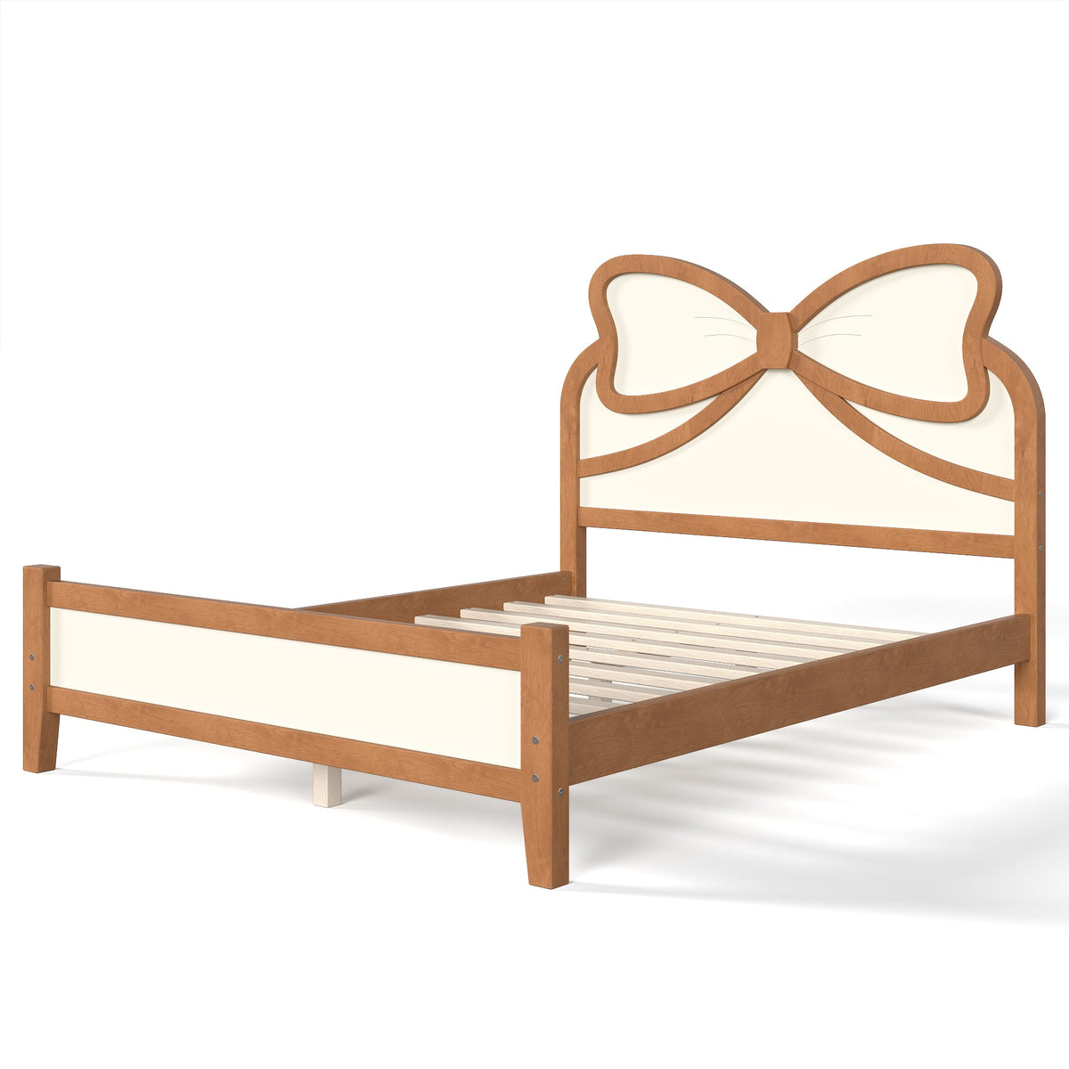 Full Size Wooden Platform Bed with Bow Headboard, Solid Wood Bed Frame with Slatted Support, Low Profile Platform Bed for Kid Teens Girls, No Box Spring Needed,Beige&Natural, photo 10 of 10