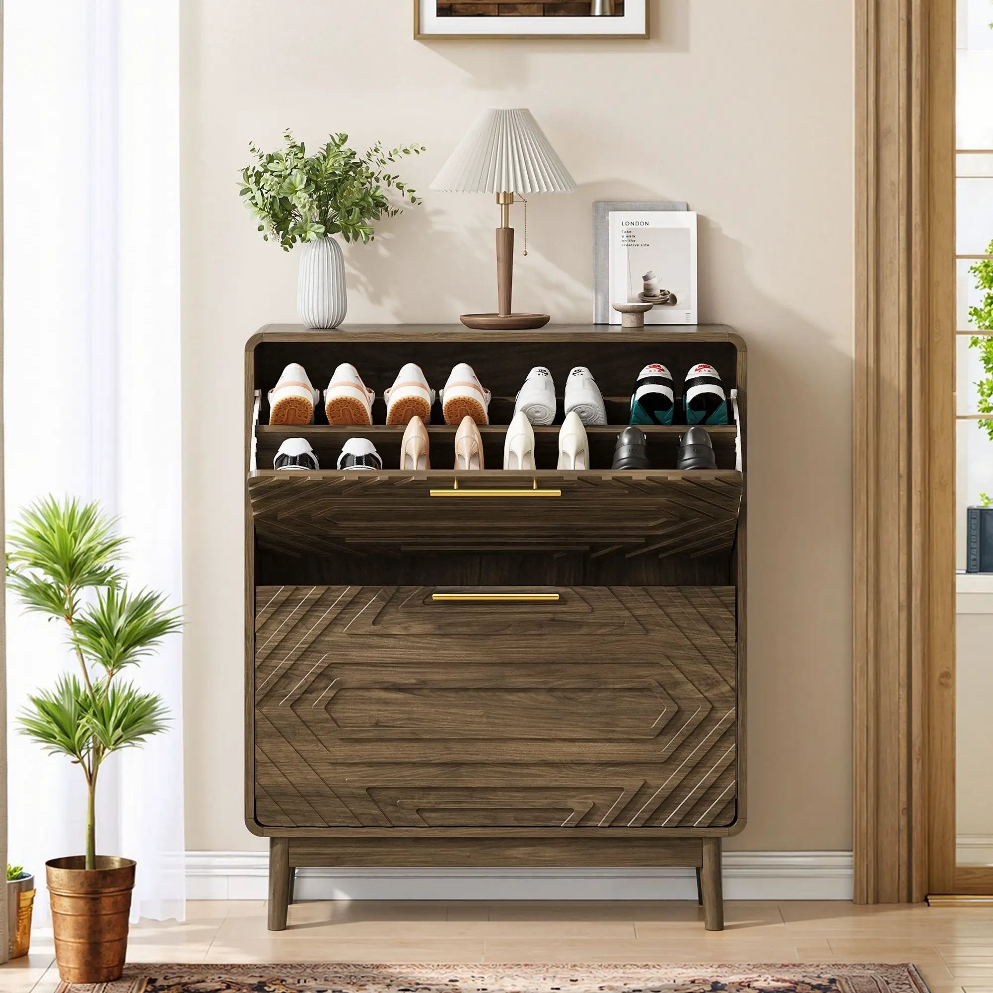Freestanding Shoe Cabinet With 2 Flip Top Drawers For Entryway - Walnut by HouseOfZazla