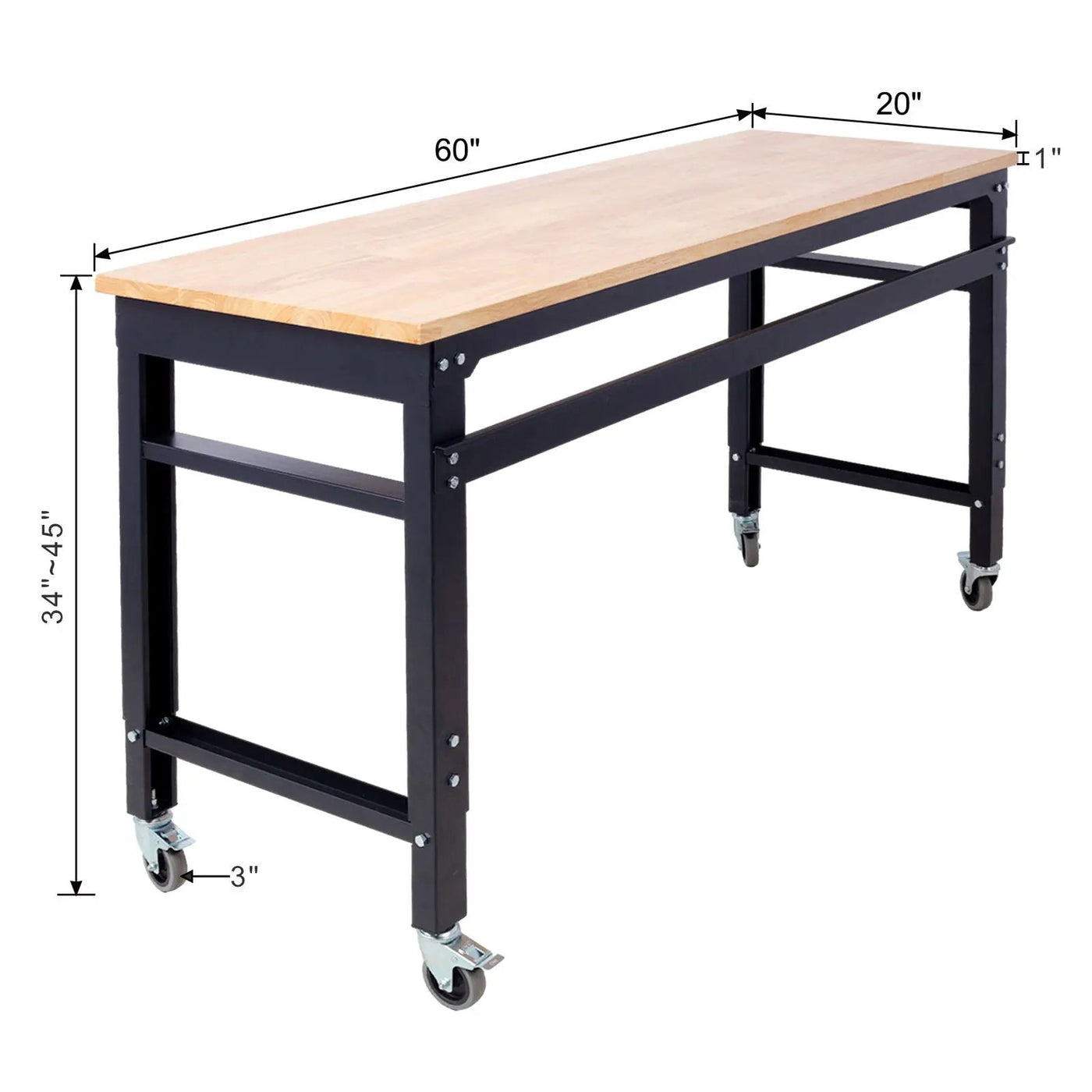 Wide Rolling Workbench For Garage, Adjustable Height, Workshop Tool Bench, Metal With Rubber Wood Top by HouseOfZazla