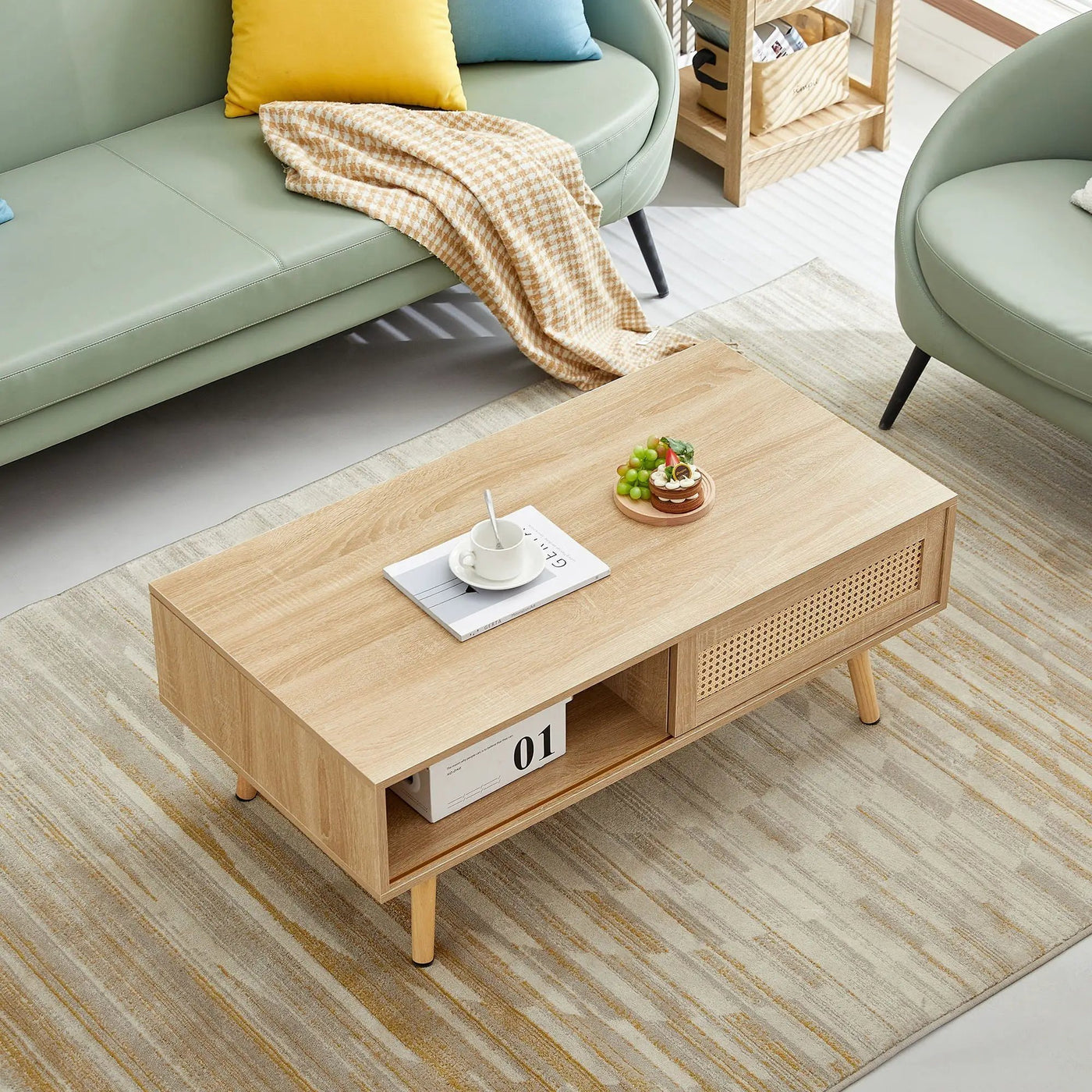 41.34" Rattan Coffee Table, Sliding Door For Storage, Solid Wood Legs, Modern Table For Living Room by HouseOfZazla