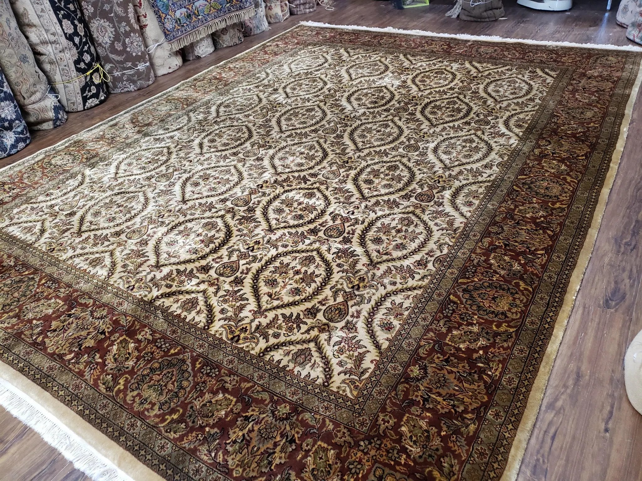 Vintage Indo Persian Area Rug 9x12, Wool Hand-Knotted Ivory & Dark Red Oriental Carpet, Fine Weave 9 x 12 Indian Rug, Dining Room Rug by Jewel Rugs