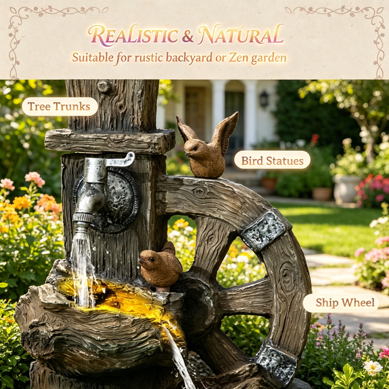 Resin Rustic Outdoor Fountain Birdhouse and Iron Tap, photo 5 of 9