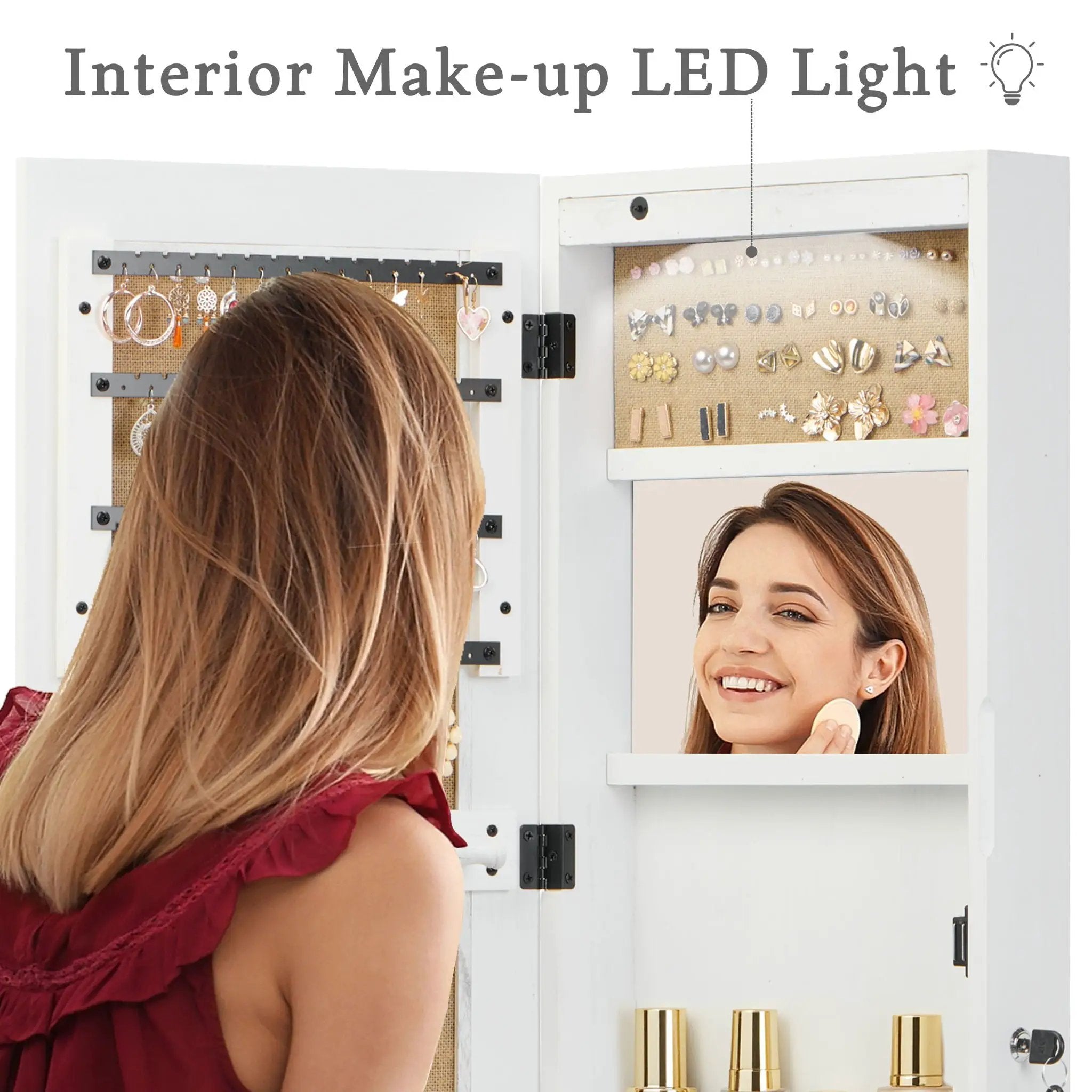 Jewelry Armoire Organizer With Full Length Mirror, Wall Mounted Lockable Cabinet With LED Light by Unique Piece Furniture