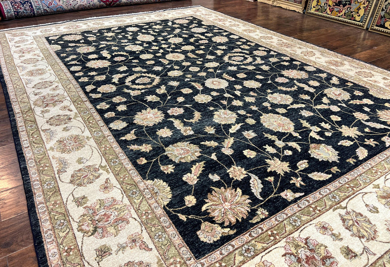 Indo Persian Rug 10x14, Charcoal and Beige, Floral Allover, Handmade Vintage Wool Carpet by Jewel Rugs