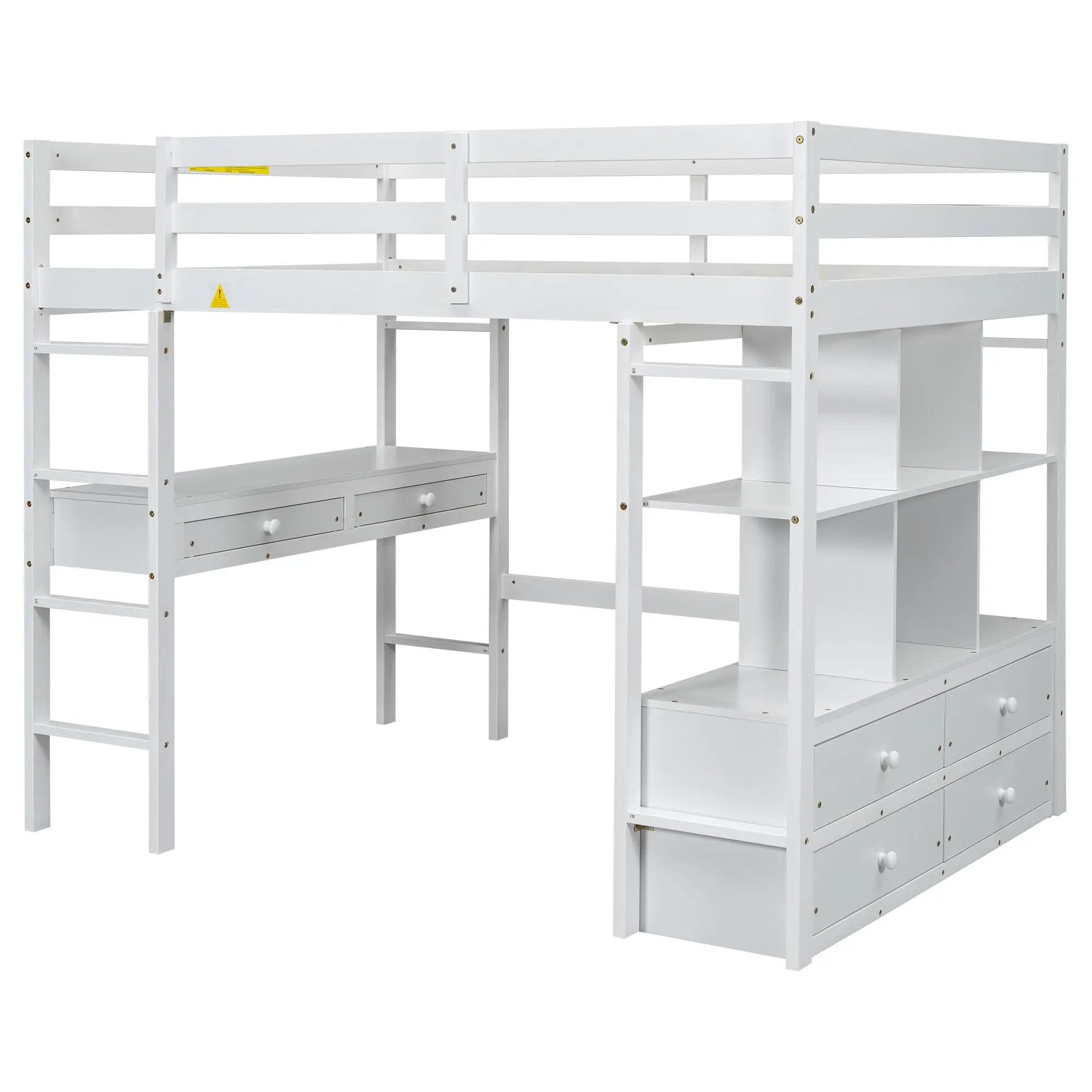 Full Size Loft Bed With Built In Desk, 2 Drawers, Storage Shelves - White by HouseOfZazla