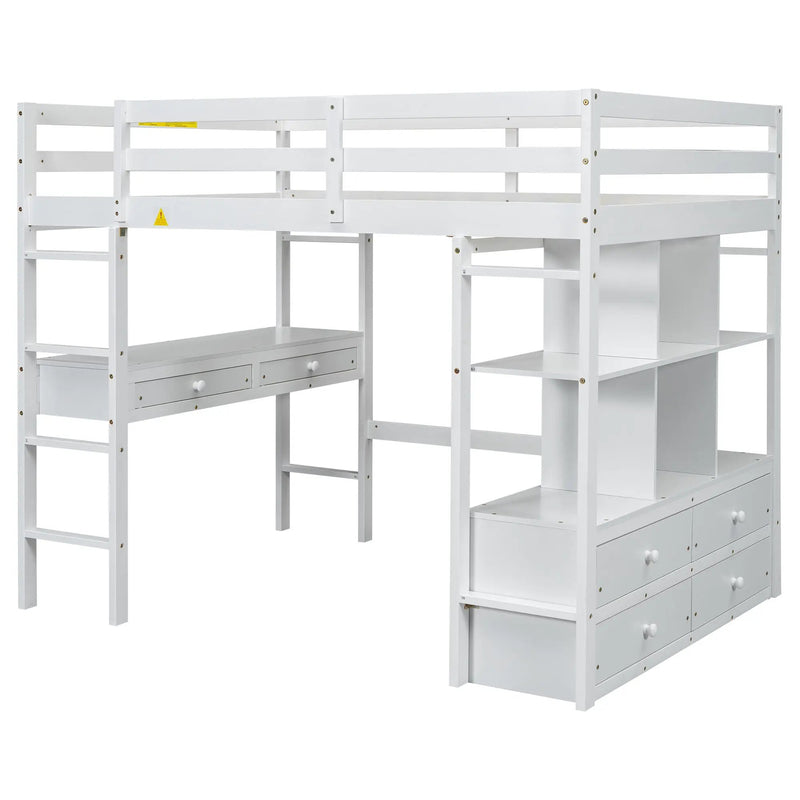 Full Size Loft Bed With Built In Desk, 2 Drawers, Storage Shelves - White by HouseOfZazla