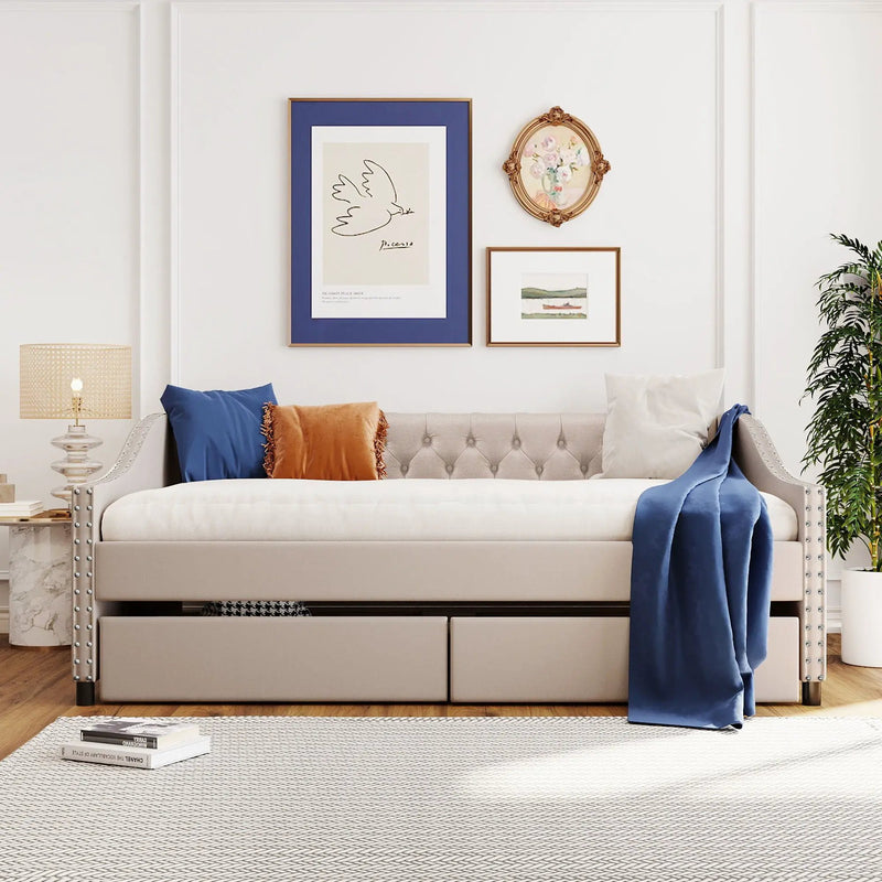 Upholstered Daybed With Two Drawers, Wood Slat Support by HouseOfZazla
