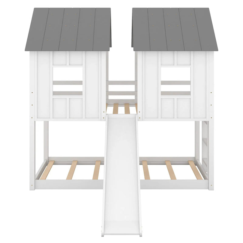 Twin Over Twin House Bunk Bed With Slide And Windows - White / Gray by HouseOfZazla