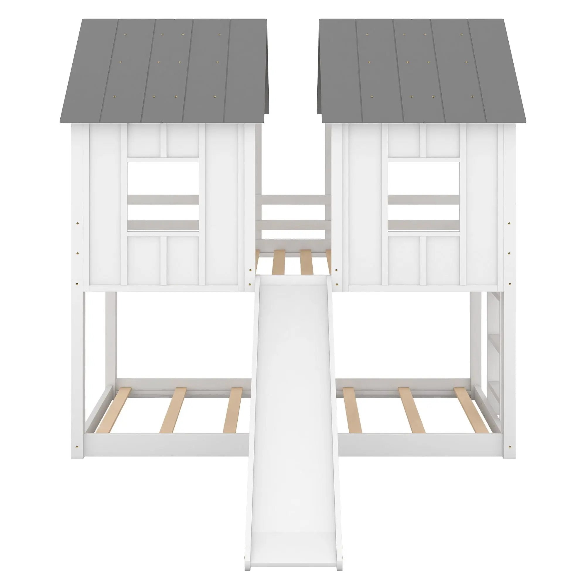 Twin Over Twin House Bunk Bed With Slide And Windows - White / Gray by Unique Piece Furniture
