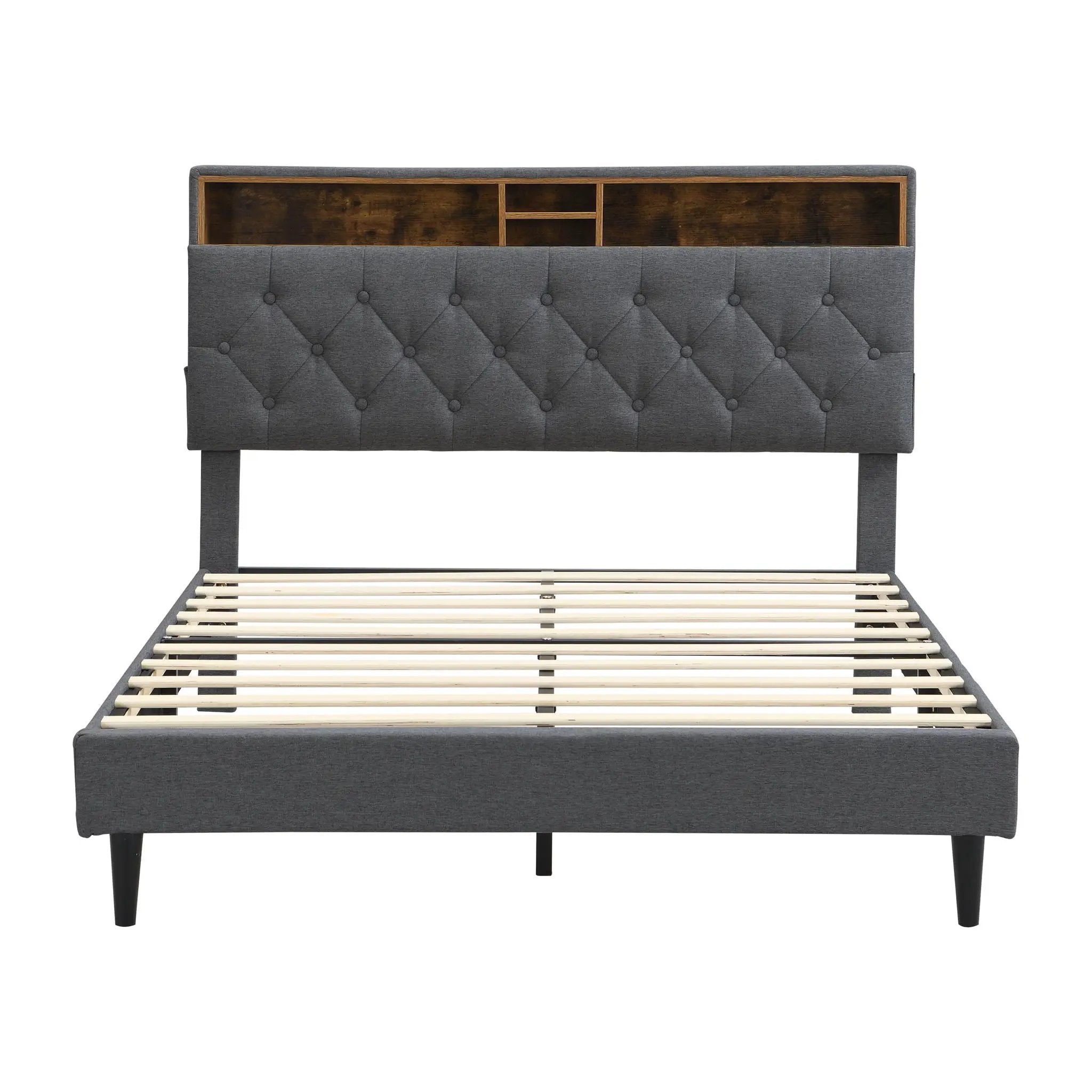 Modern Upholstered Platform Bed Frame With Button Tufted Headboard And USB Ports by Unique Piece Furniture