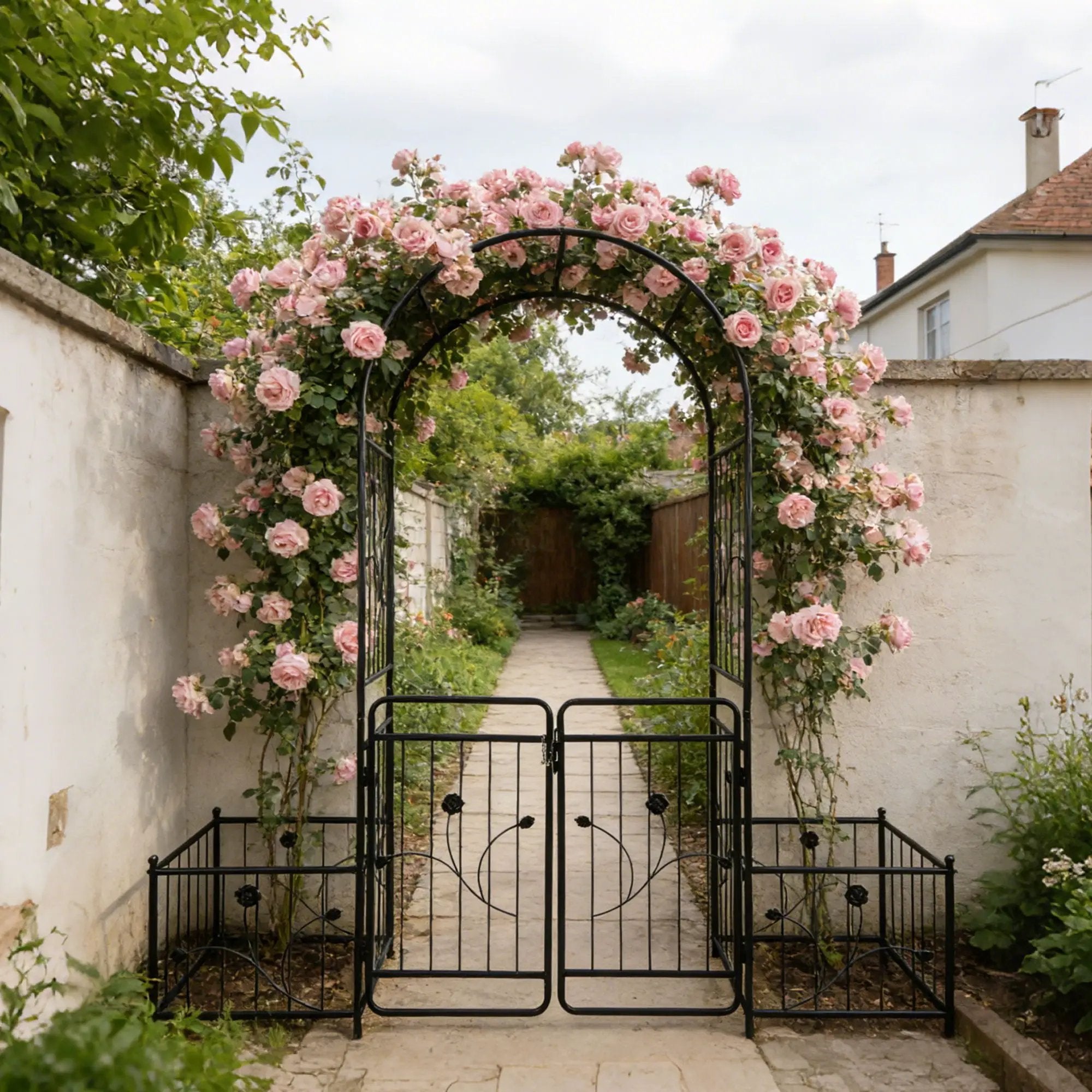 Metal Garden Arch With Gate Wide High Climbing Plants Support Rose Arch Outdoor - Black by HouseOfZazla