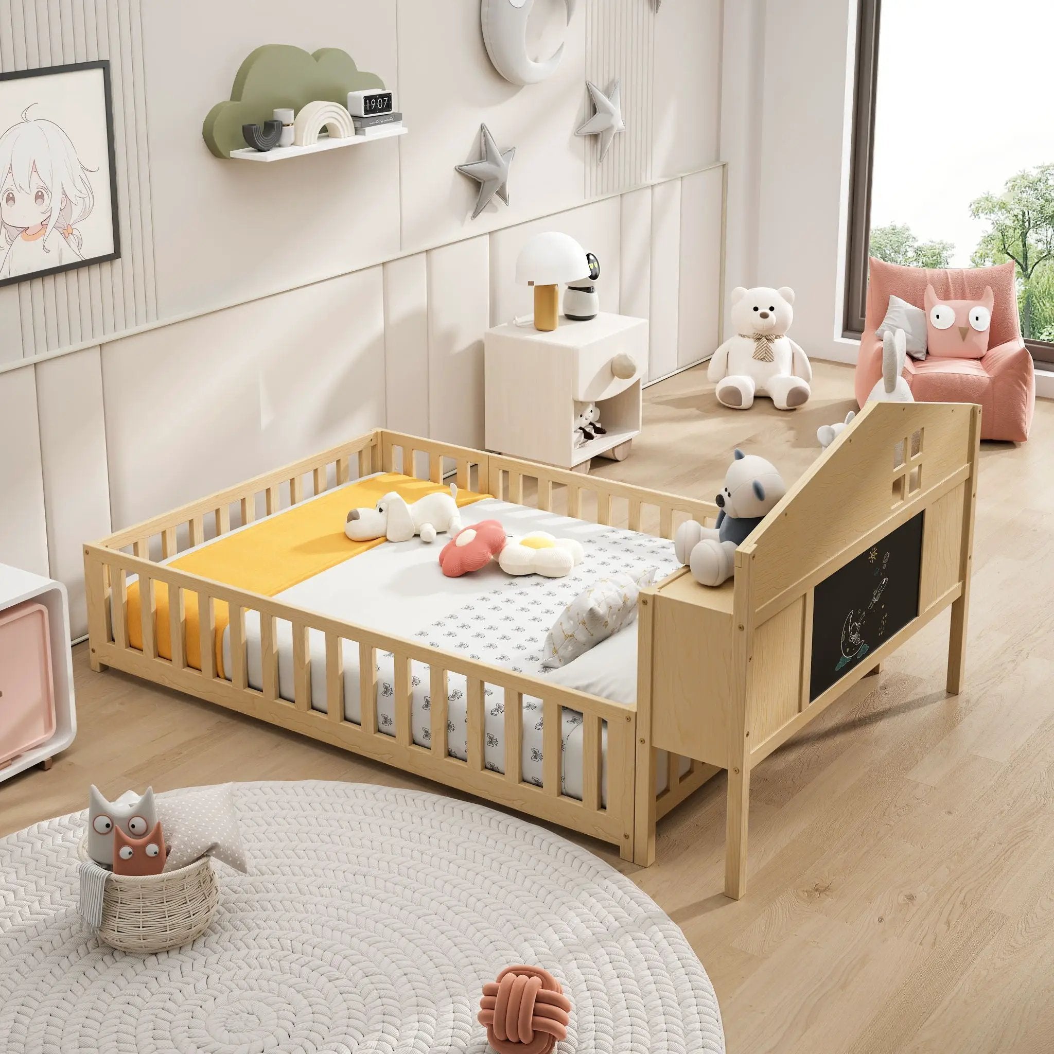 Full Size Montessori Floor Bed With Bookcases And boards, Solid Wood Platform Bed With Guard Rails And Storage Headboards - Natural by Unique Piece Furniture