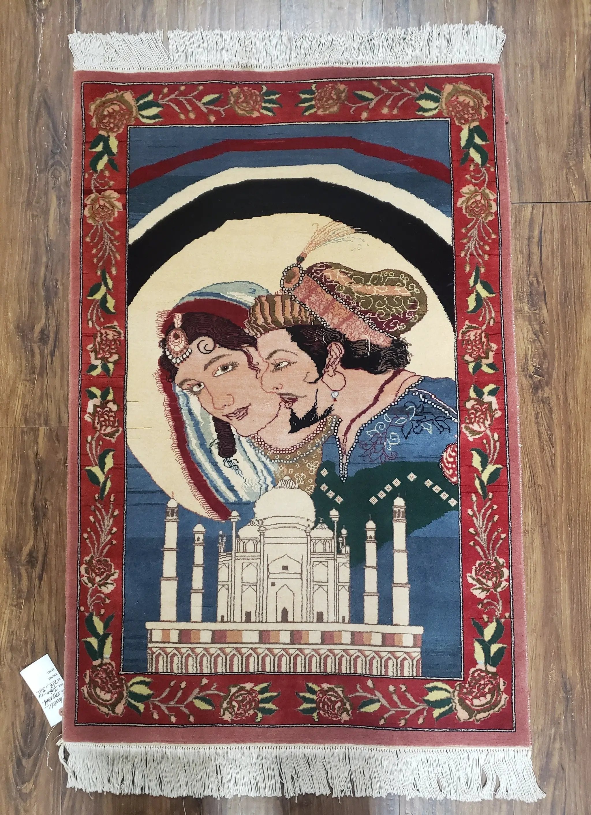 Vintage Small Pictorial Lovers Rug 2.5 x 4, Taj Mahal Indo Persian Rug, Wool Hand-Knotted Indian Rug, King & Queen, Layla and Majnun by Jewel Rugs