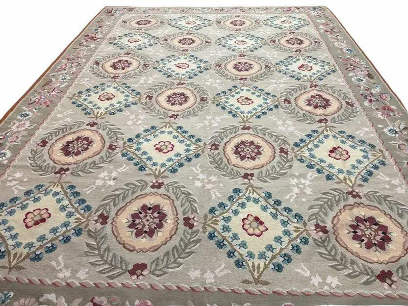 9x13 Needlepoint Carpet, French Design Rug, Hand-Knotted, Brand New Needlepoint Rug 9 x 13, English French European Style, Beige Floral by Jewel Rugs