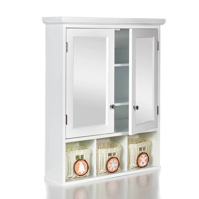 Bathroom Storage Cabinet, Medicine Cabinets For Bathroom With Mirror, 2 Doors 2 Adjustable Shelf & 3 Christmas Style Storage Basket - White by HouseOfZazla