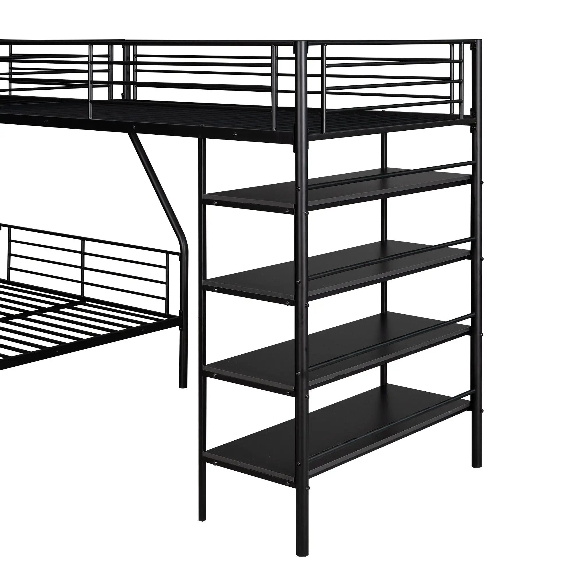 L-Shaped Twin Over Full Bunk Bed And Twin Loft Bed With 4 Built In Shelves - Black by HouseOfZazla