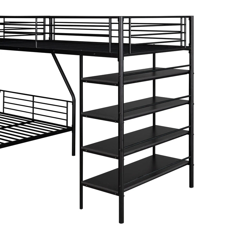 L-Shaped Twin Over Full Bunk Bed And Twin Loft Bed With 4 Built In Shelves - Black by HouseOfZazla