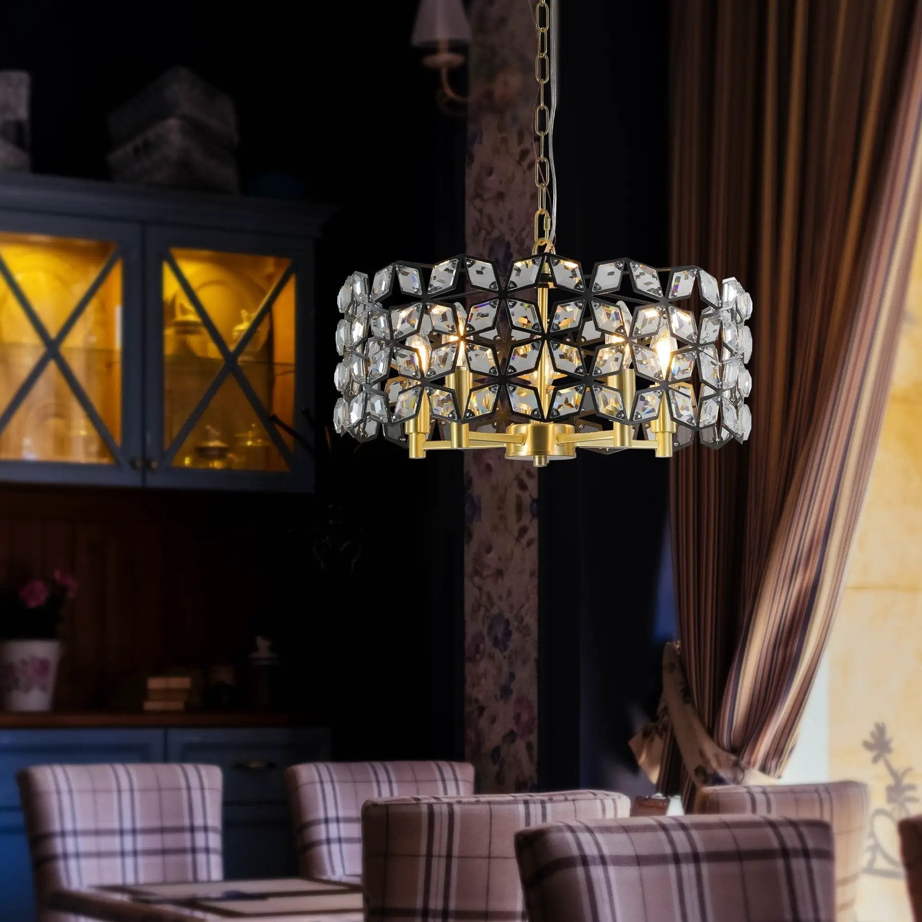 19" Geometric Crystal and Black Gold Round Pendant Chandelier by HouseOfZazla