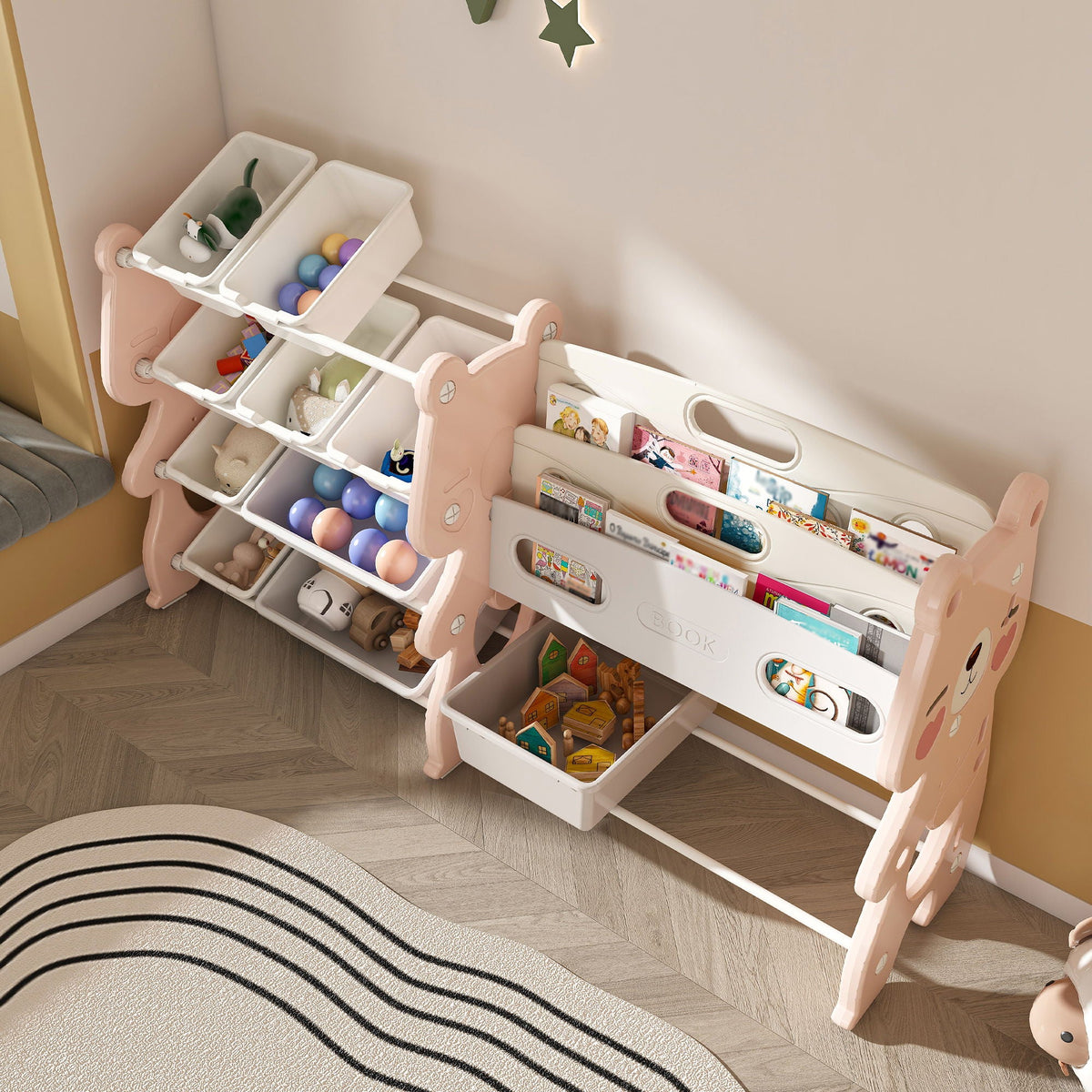 Kids Toy Storage Organizer With 2 Tier Bookshelf and 12 Toy Bins - Light Blue or Pink, photo 7 of 20
