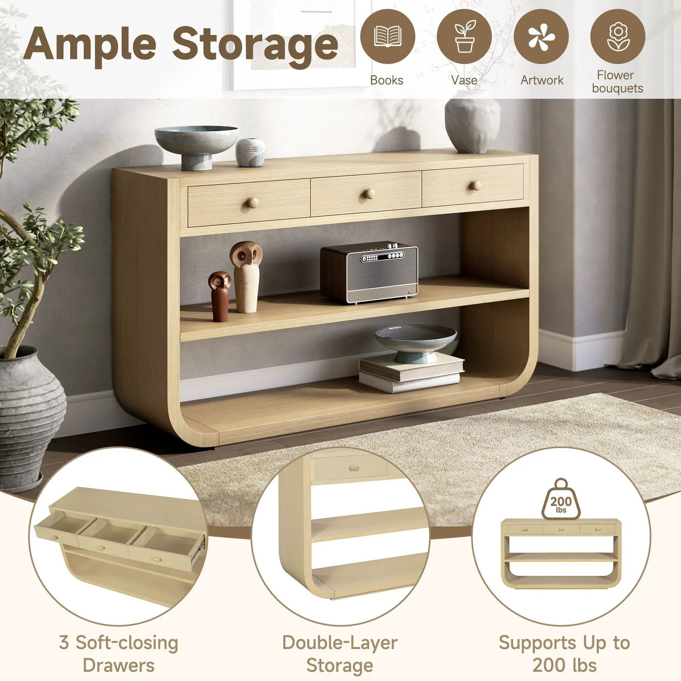 Console Table With 3 Soft Close Drawers & 2 Open Shelves by HouseOfZazla