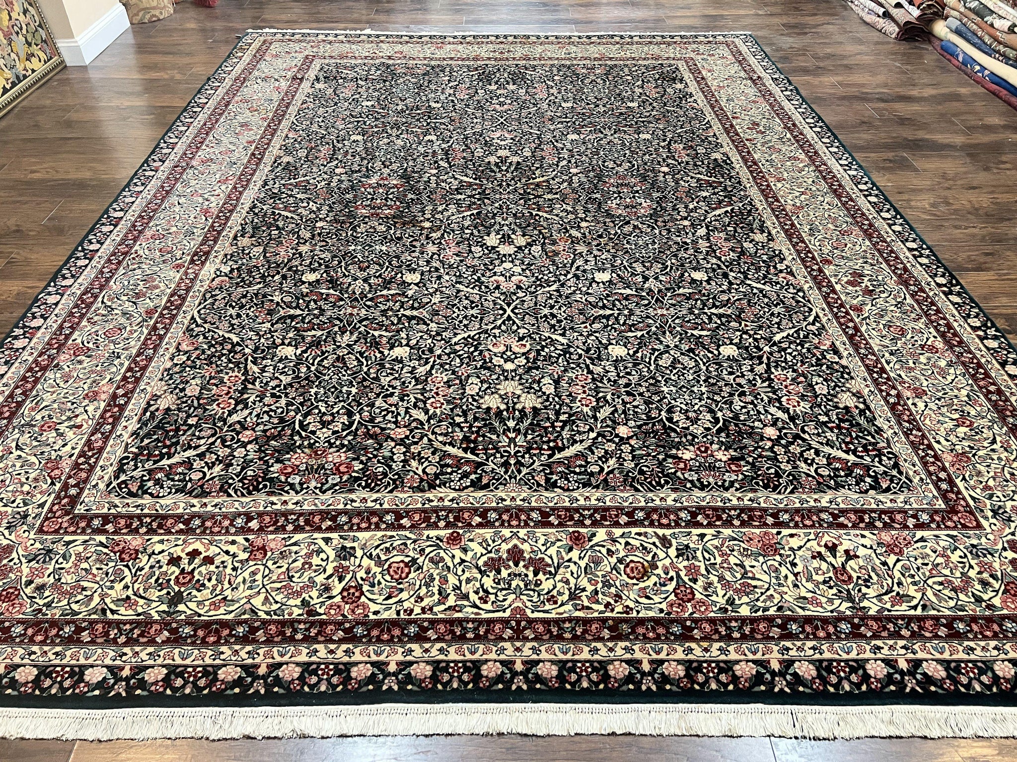 Large Sino Persian Rug 10x14, Wool Hand Knotted Vintage Carpet, Dark Green & Beige, Kirman Floral Rug, Fine Weave, Traditional, Large by Jewel Rugs