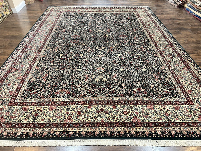 Large Sino Persian Rug 10x14, Wool Hand Knotted Vintage Carpet, Dark Green & Beige, Kirman Floral Rug, Fine Weave, Traditional, Large by Jewel Rugs