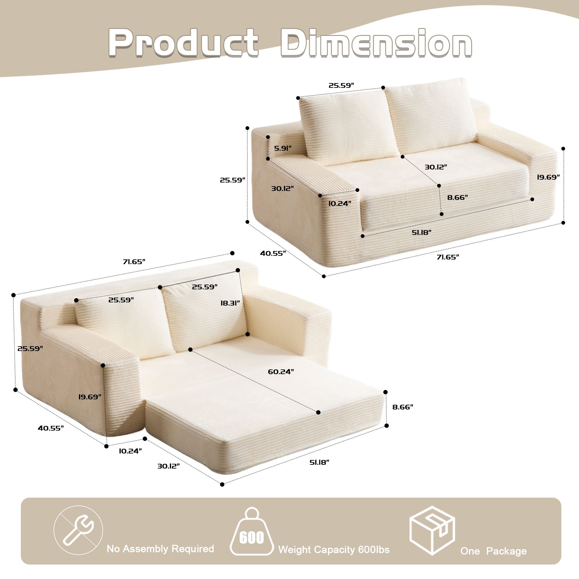 Comfortable Deep Seat Loveseat Sofa Bed, Reversible Cushion With Pillows by HouseOfZazla