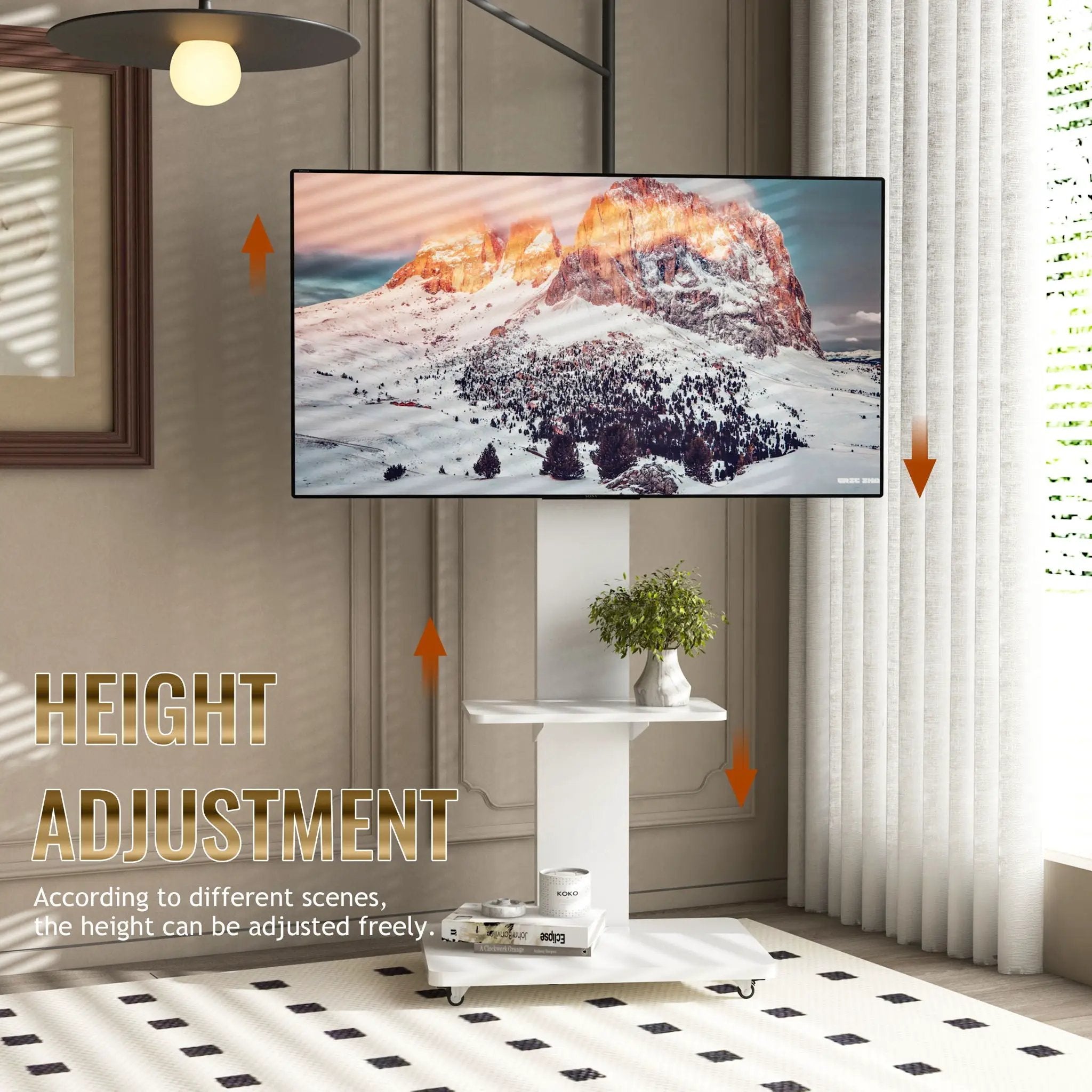Mobile TV Stand With Shelf Floor Mount Cart For TVs With Lockable Wheels Ideal For Living Room Bedroom Or Office - White by HouseOfZazla