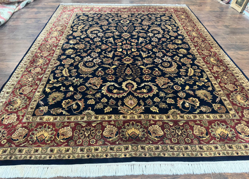 Indo Persian Rug 8x10, Navy Blue and Red, Floral Allover, Hand Knotted Vintage Wool Carpet, Indo Sarouk by Jewel Rugs