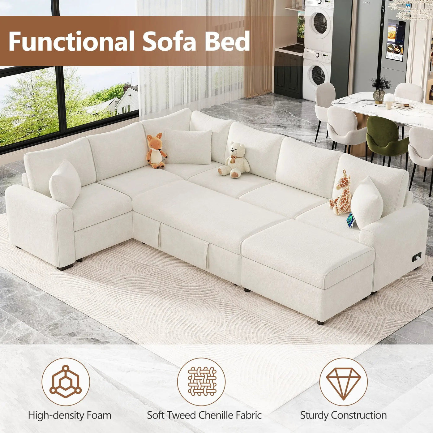 Sectional Sofa Pull-Out Sofa Bed Sleeper With A Storage Ottoman, Three Pillows And Charging Devices For Living Room by Unique Piece Furniture