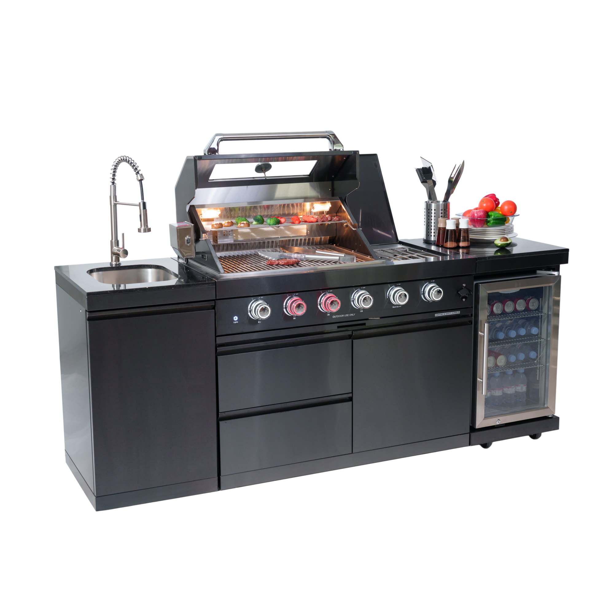 NG 85" 4-Burner 72,000 BTU Black Outdoor Kitchen Island Grill + Refrigerator + Sink by Chery Industrial