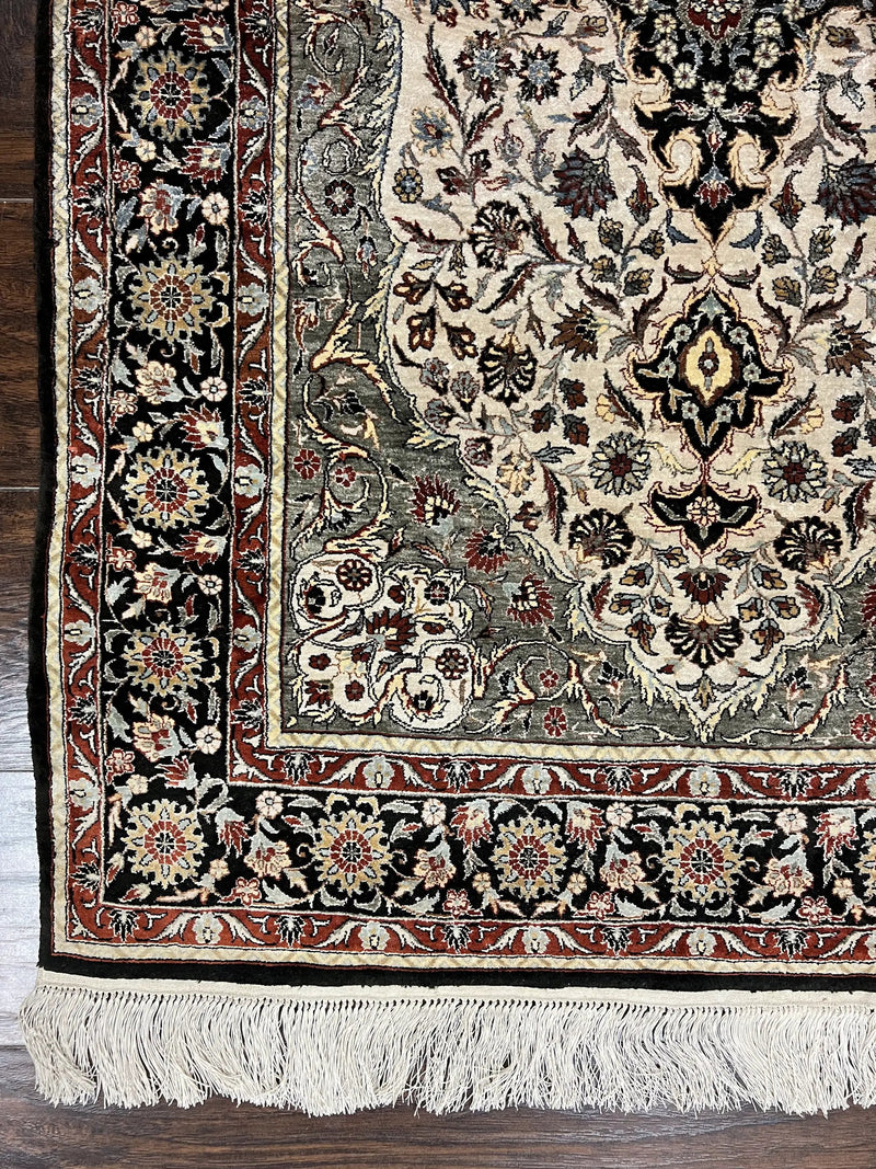 Silk Sino Persian Rug 3x5, Floral Medallion, Hand Knotted Silk Pile Silk Foundation, Traditional Silk Handmade Oriental Carpet, Cream Black by Jewel Rugs
