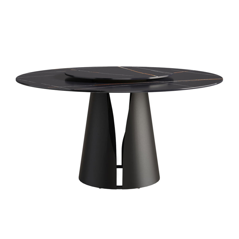 53.15" Round Modern Artificial Stone Carbon Steel Base Dining Table, Can Accommodate 6 People - Black / Gold by HouseOfZazla