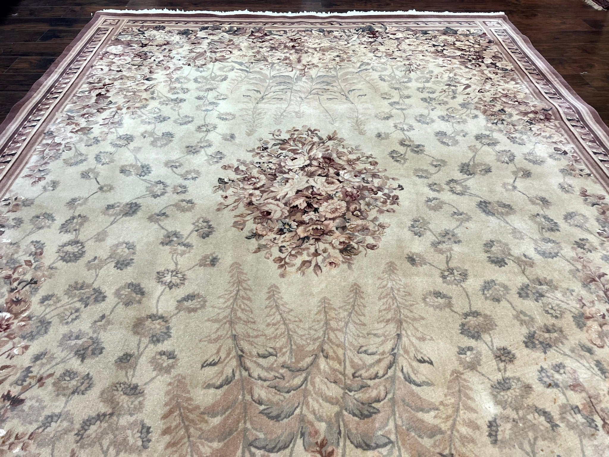 Aubusson Wool Rug 9x11, Wool with Silk Highlights, European Design, Vintage, Handmade, Floral, Fine 210 KPSI by Jewel Rugs