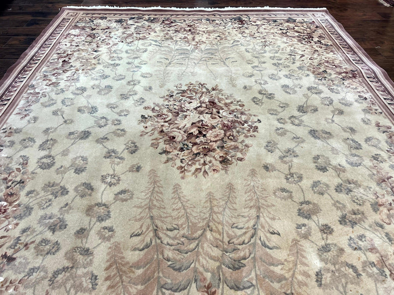 Aubusson Wool Rug 9x11, Wool with Silk Highlights, European Design, Vintage, Handmade, Floral, Fine 210 KPSI by Jewel Rugs