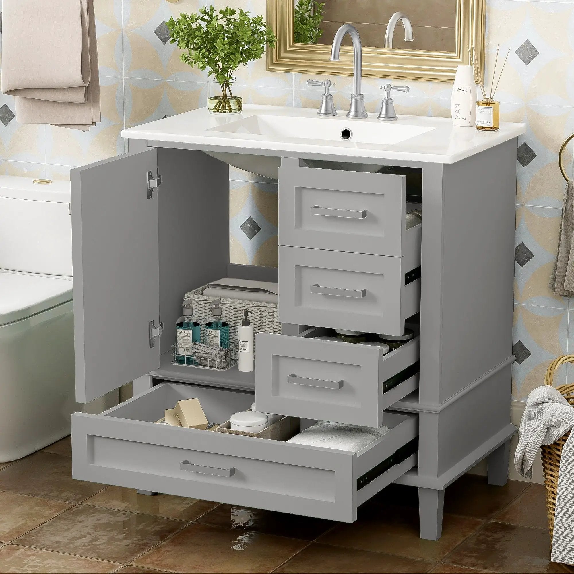 Bathroom Vanity, Modern Bathroom Cabinet With Sink Combo Set, Bathroom Storage Cabinet With A Soft Closing Door And 3 Drawers, Solid Wood Frame by Unique Piece Furniture