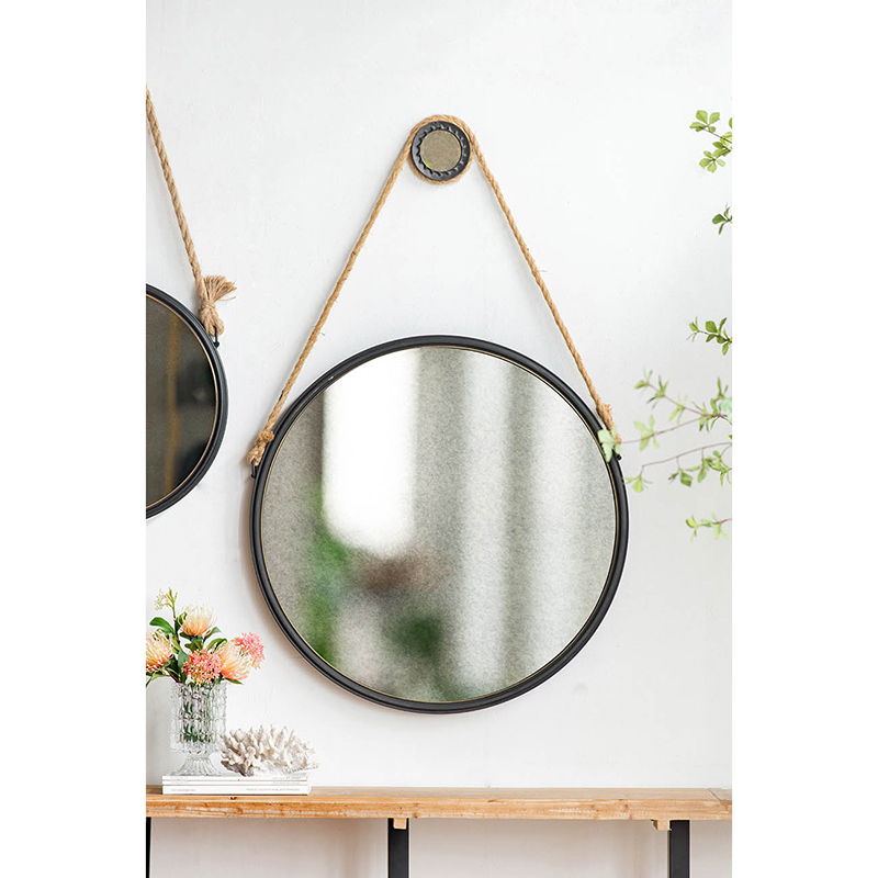 Black Circle Wall Mirror with Rope Strap - Contemporary Metal Frame, photo 2 of 12