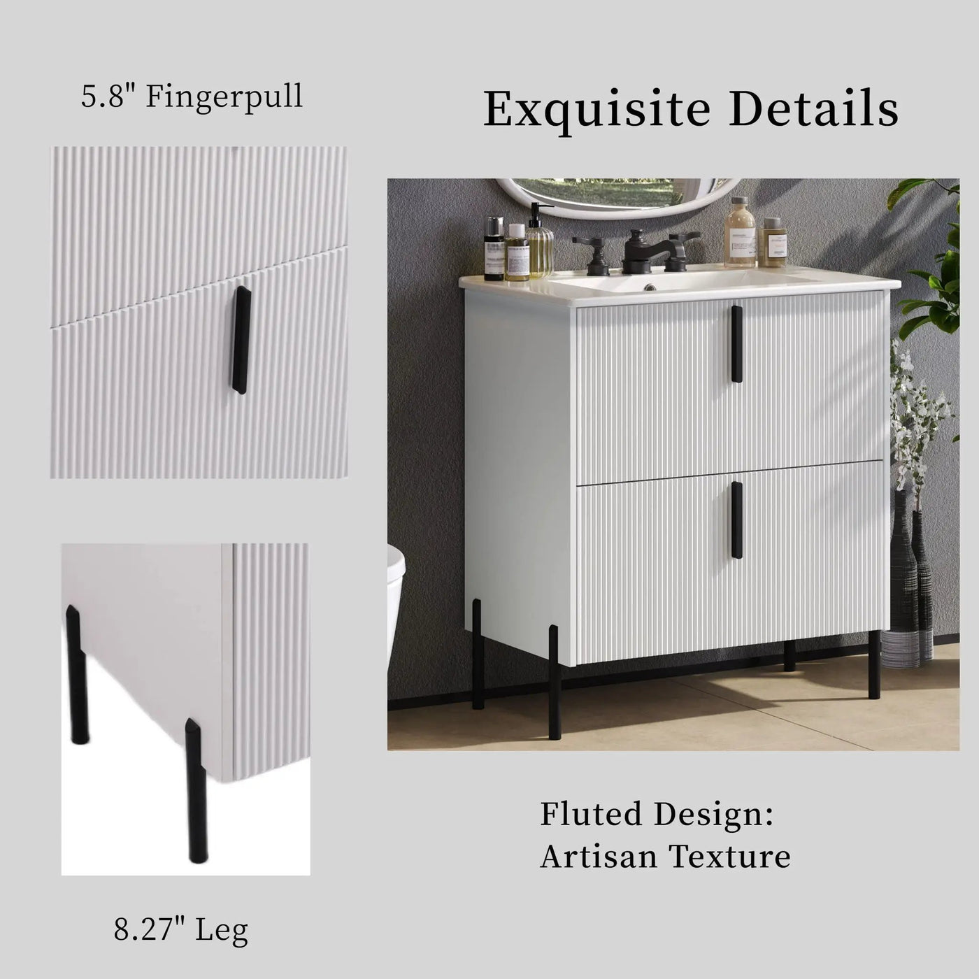 Bathroom Vanity With Ceramic Sink, Fluted Design by HouseOfZazla