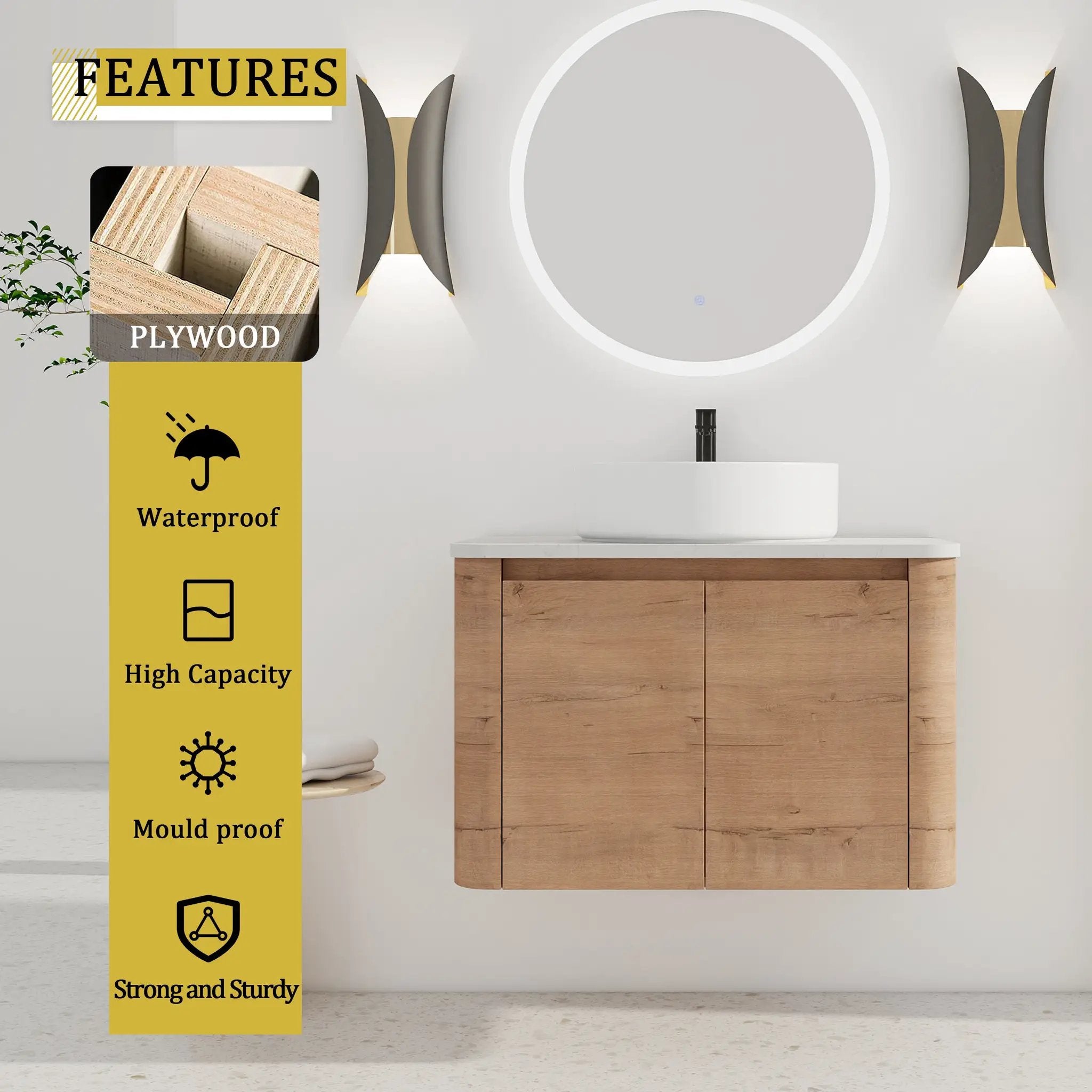 30" Wall-Mounted Bathroom Vanity With Ceramic Art Sink & 2 Soft-Close Doors by HouseOfZazla