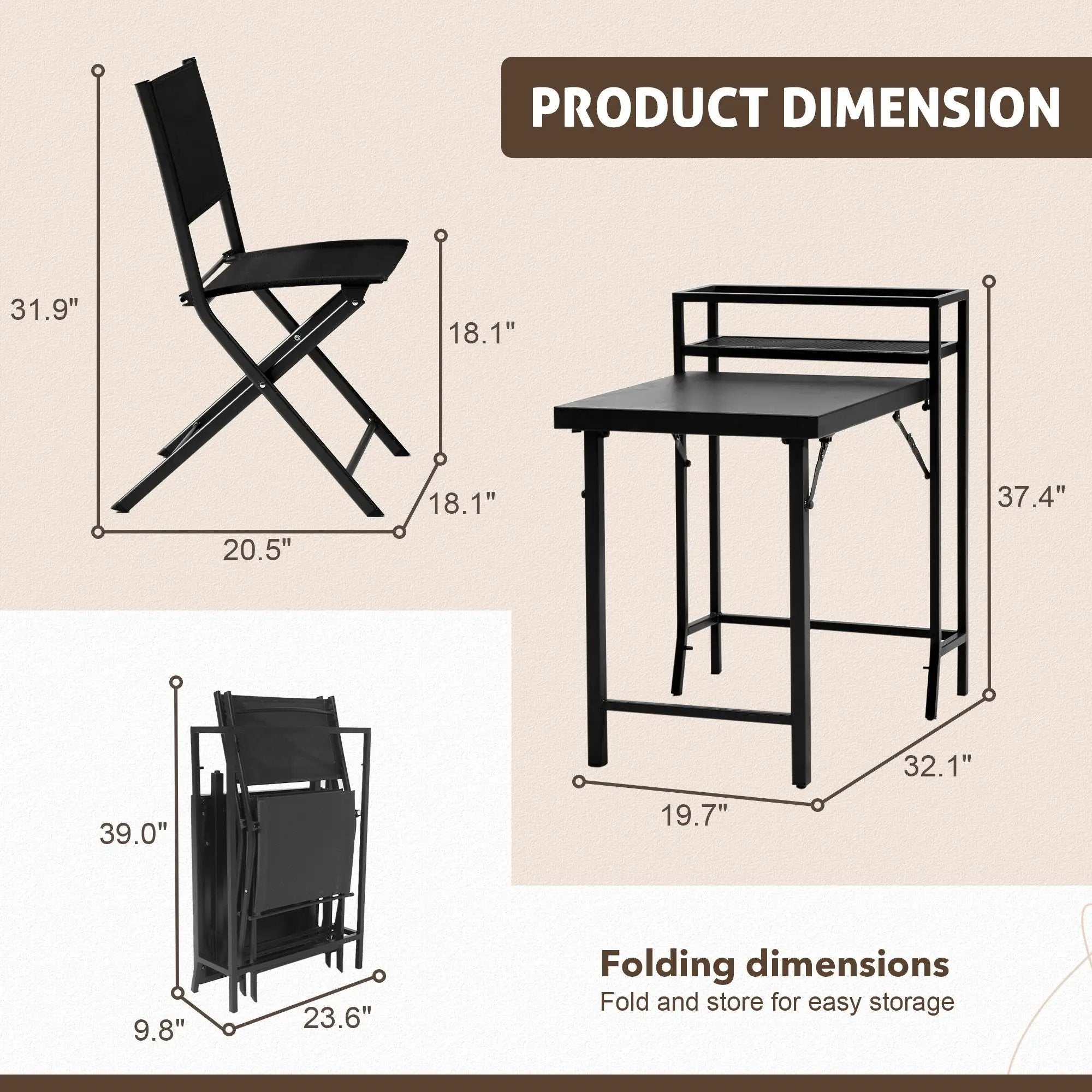 3 Piece Patio Bistro Set, Patio Set Of Foldable Patio Table And Chairs, Outdoor Patio Furniture Sets - Black by Unique Piece Furniture