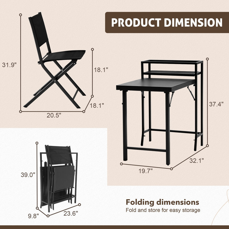 3 Piece Patio Bistro Set with Foldable Table and Chairs - Black, photo 4 of 11