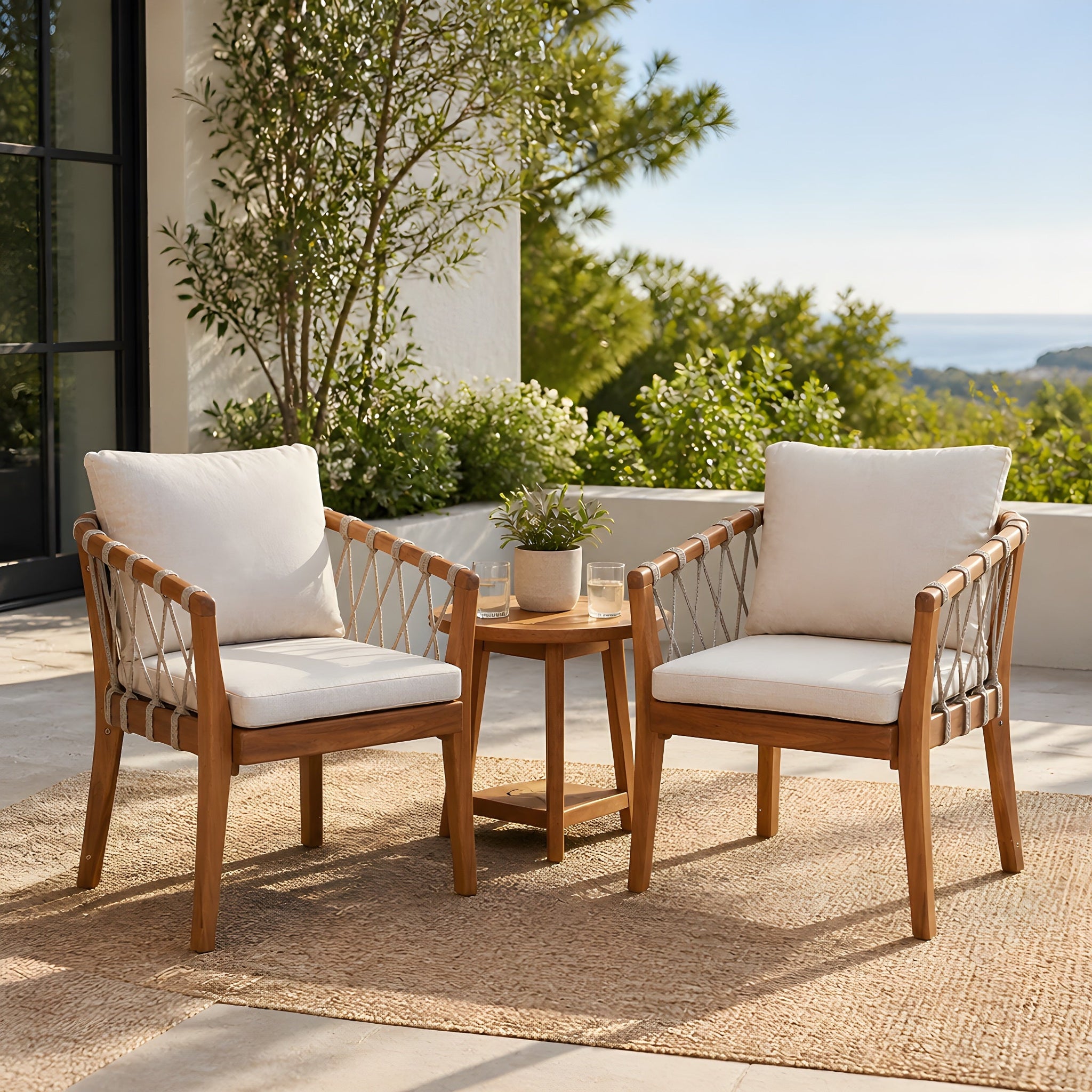 Outdoor Dining Chairs Set for 2, Acacia Wood Frame with Teak Finish by HouseOfZazla