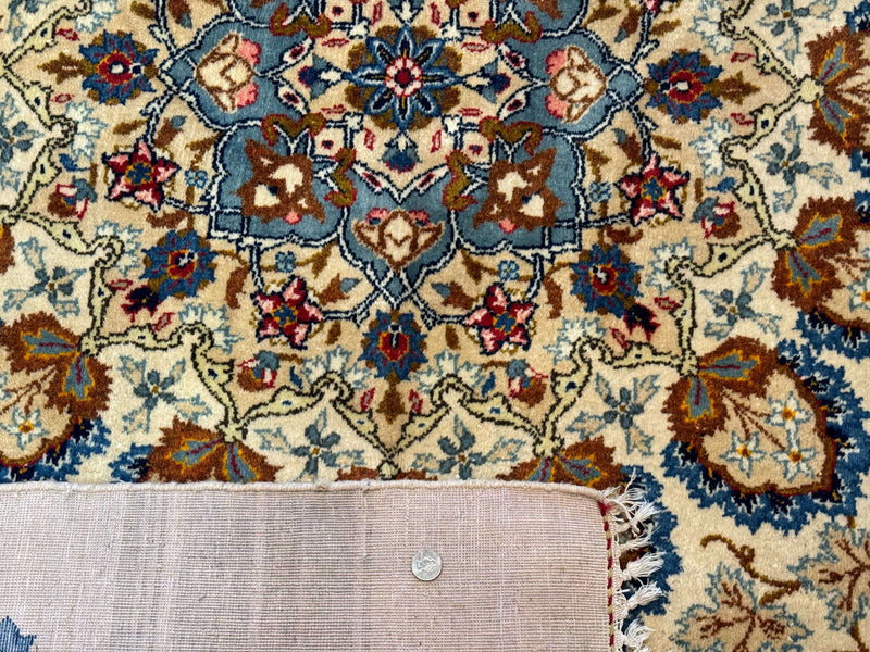 Persian Kashan Rug 9 x 12.6, Ivory and Blue, Floral Medallion, Wool Hand Knotted Semi Antique Carpet by Jewel Rugs