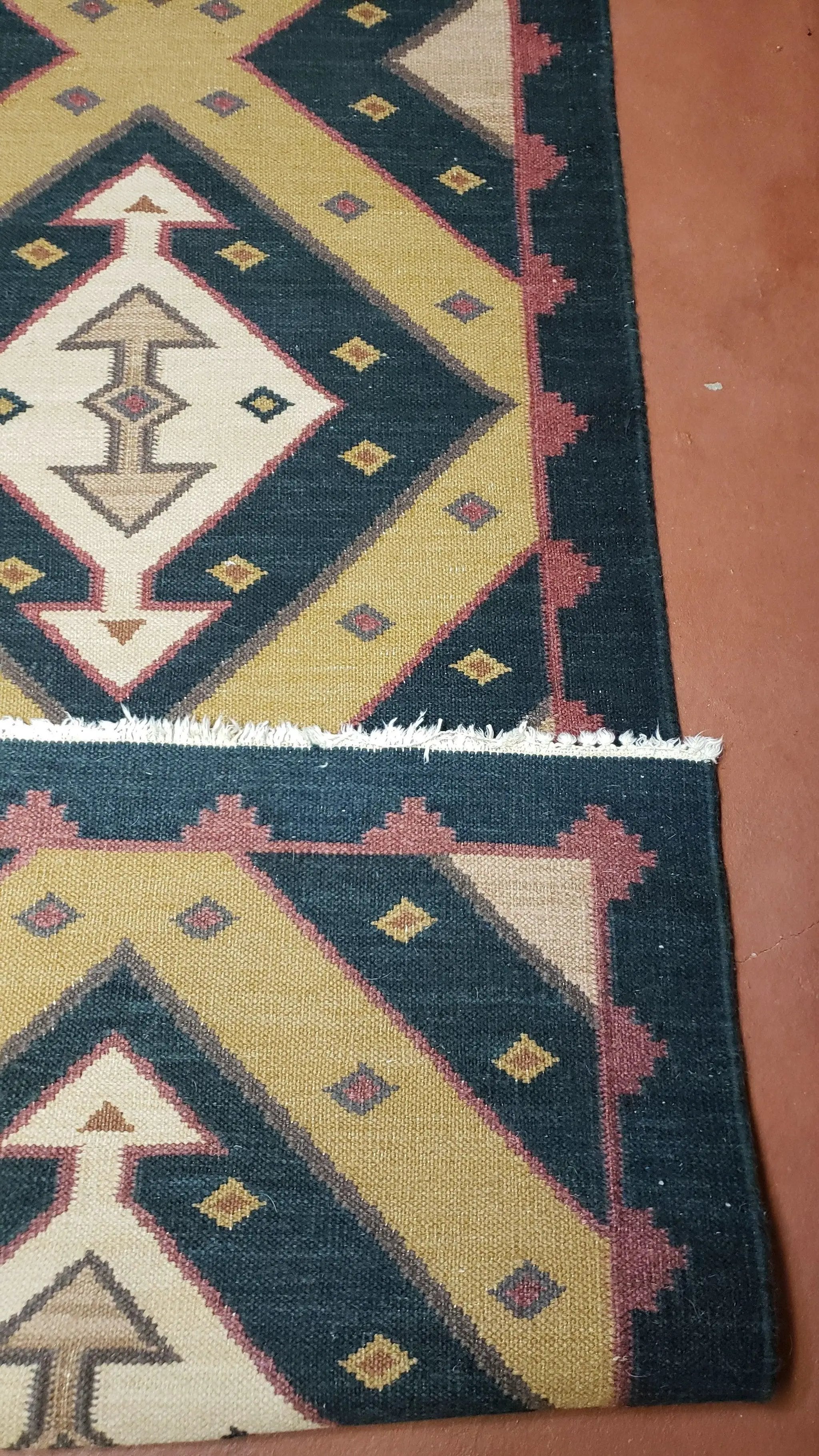 Vintage Indian Kilim Runner Rug, Geometric Flatweave Hand-Knotted Wool Kitchen Hallway Runner, Black Gold & Beige, 2' 8" x 9' 9" by Jewel Rugs