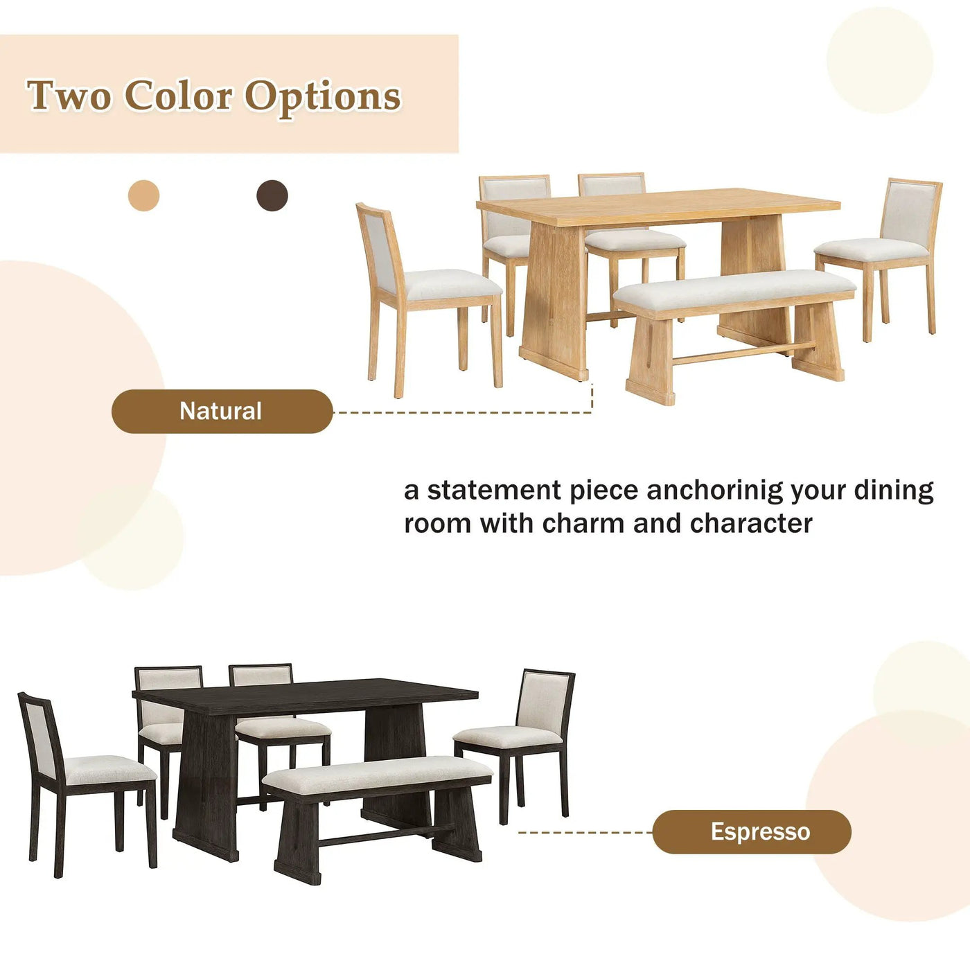 Dining Set With Rectangular Table, 4 Upholstered Chairs & 1 Padded Bench by HouseOfZazla